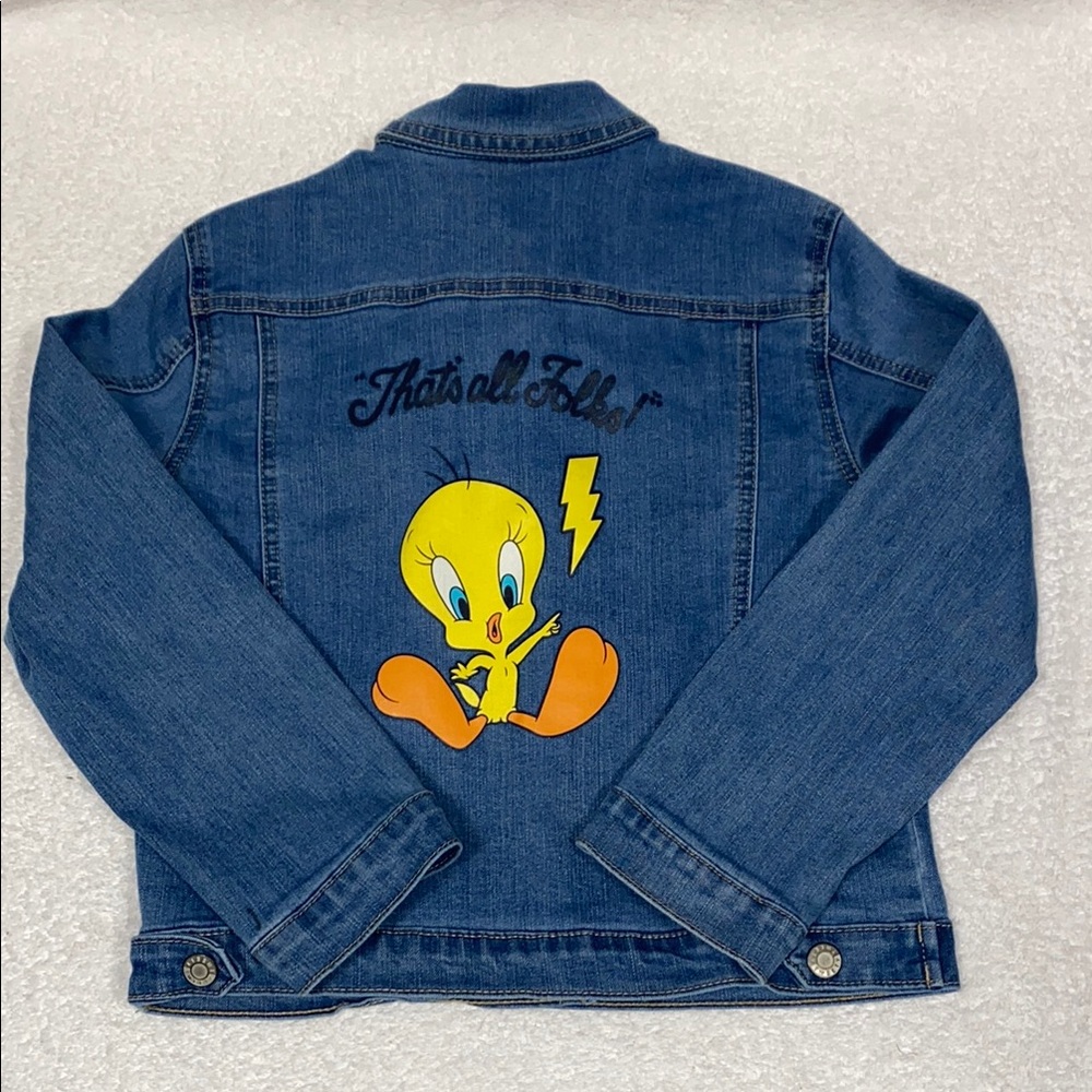 Looney Tunes Tweety Bird Girls Blue Denim Jean Jacket Size lg 10/12 Outerwear